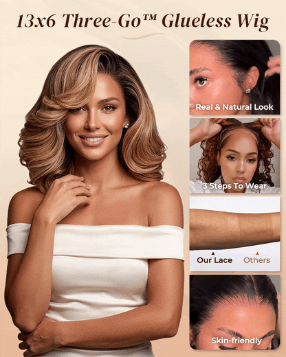 Arabella 13x6 Three-Go™ 280% High Density Ombre Highlight Honey Blonde Glueless Wig Loose Body Wave Bob Wig With Drawstring