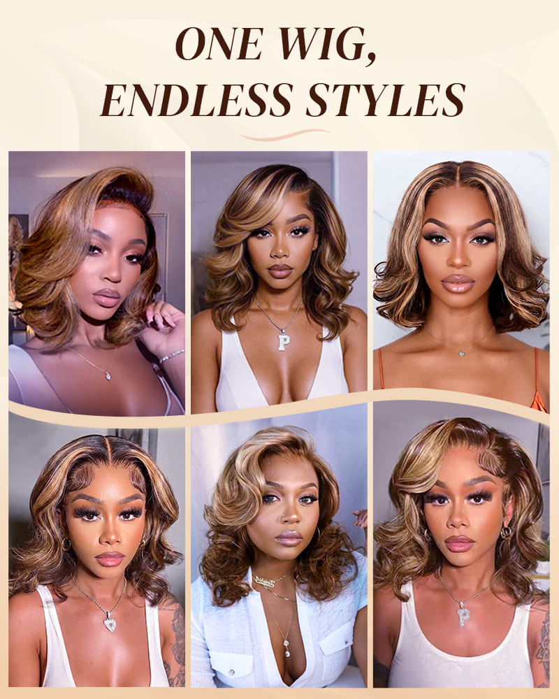 Arabella 13x6 Three-Go™ 280% High Density Ombre Highlight Honey Blonde Glueless Wig Loose Body Wave Bob Wig With Drawstring