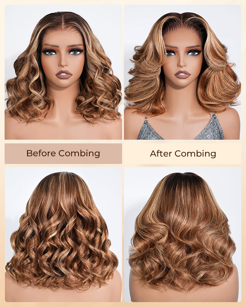 Arabella 13x6 Three-Go™ 280% High Density Ombre Highlight Honey Blonde Glueless Wig Loose Body Wave Bob Wig With Drawstring