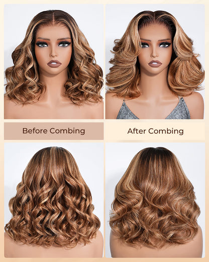 Arabella 13x6 Three-Go™ 280% High Density Ombre Highlight Honey Blonde Glueless Wig Loose Body Wave Bob Wig With Drawstring