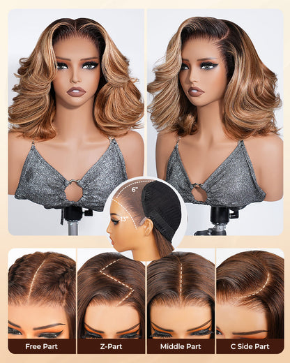 Arabella 13x6 Three-Go™ 280% High Density Ombre Highlight Honey Blonde Glueless Wig Loose Body Wave Bob Wig With Drawstring